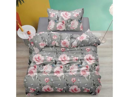 Elegantní bavlněné povlečení MELAROSEA šedé s růžemi