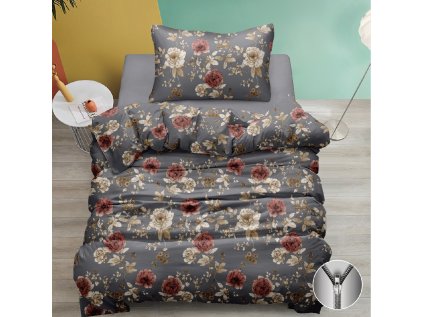 Elegantní bavlněné povlečení BOTANESSE šedé s květinovým vzorem