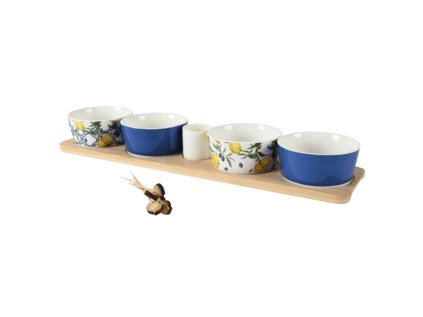 Sada porcelánových tapas misek se středomořským potiskem na dřevěném podnosu 12ks