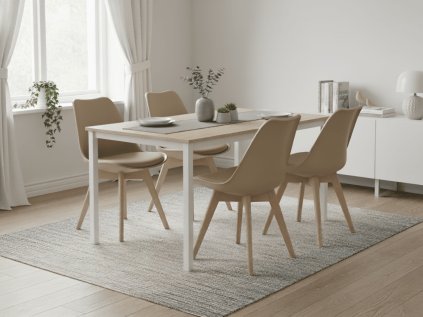 Bílý stůl TESSA dub 120x60 a béžové židle BALI MARK – jídelní set 1+4