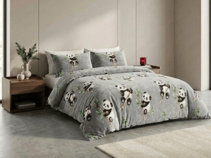 Mikroplyšové povlečení HAPPY PANDA šedé
