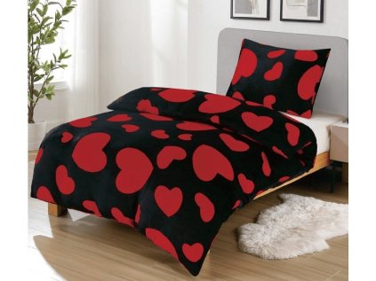 Mikroplyšové povlečení HEART RED černé s červenými srdci