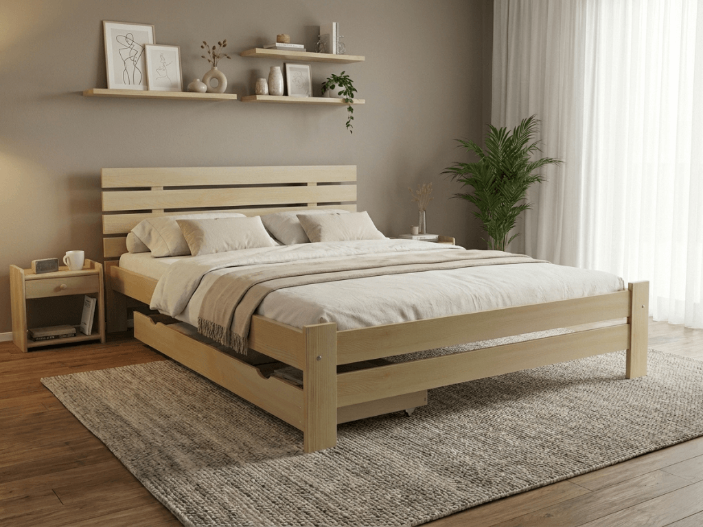 Postel PARIS zvýšená 160 x 200 cm, borovice Rošt: S laťkovým roštem, Matrace: Matrace Deluxe 10 cm