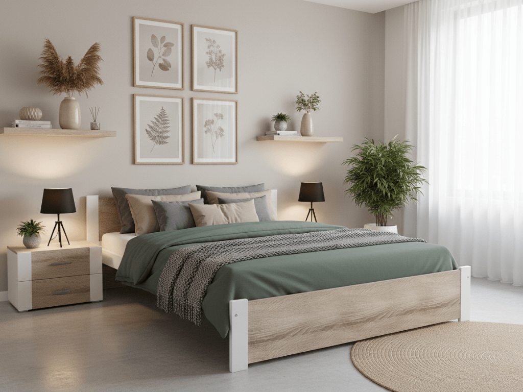 Postel IKAROS 140 x 200 cm, bílá/dub sonoma Rošt: S laťkovým roštem, Matrace: Matrace Somnia 18 cm