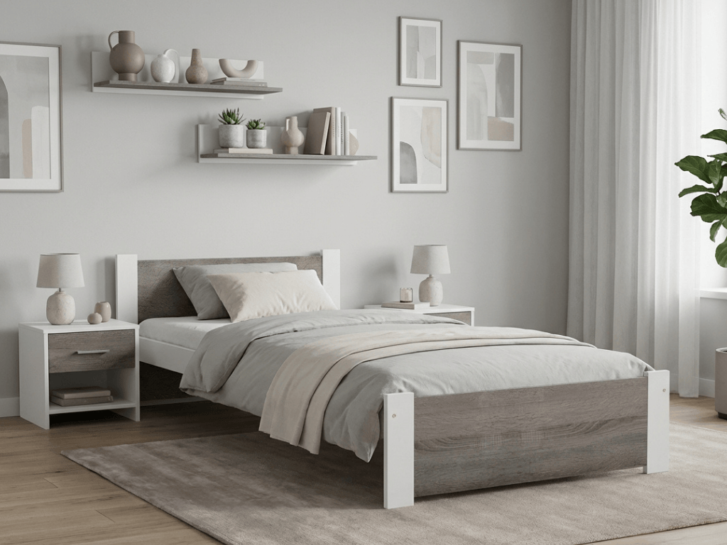 Postel IKAROS 90 x 200 cm, bílá/dub lanýž Rošt: S lamelovým roštem, Matrace: Matrace Deluxe 10 cm