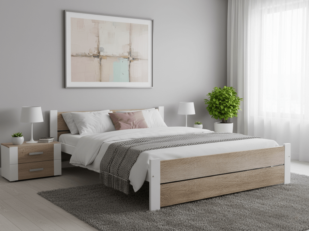 Postel IKAROS DOUBLE 160 x 200 cm, bílá/dub sonoma Rošt: S laťkovým roštem, Matrace: Matrace Somnia 18 cm