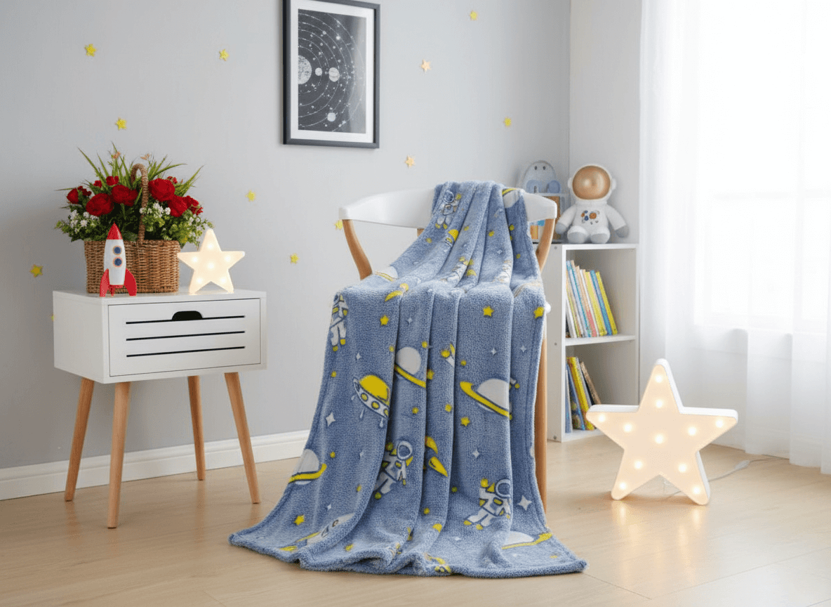 Svítící deka mikroflanel VESMÍR 150x200 cm modrá
