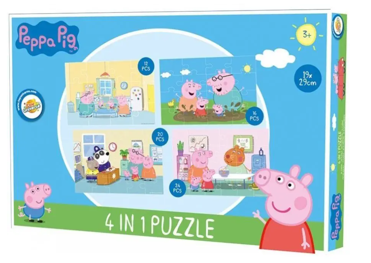Dětské puzzle 4v1 PRASÁTKO PEPPA den s rodinou, 19x29 cm