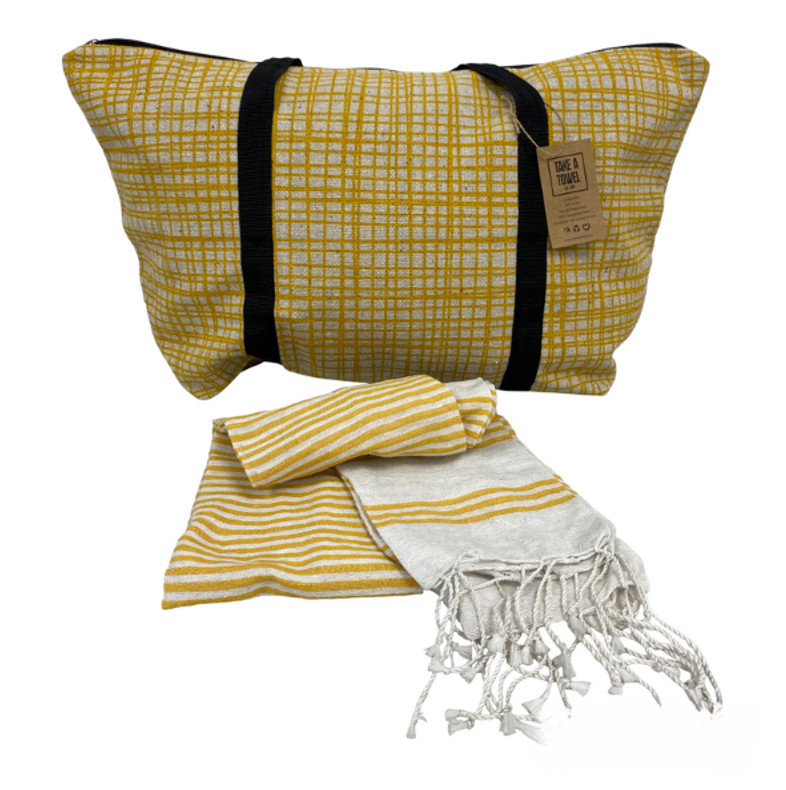 Stylový set plážové tašky + osušky HAMAM 75x150 cm, okrově žlutý, 100% organická bavlna Rodinné balení s akční cenou