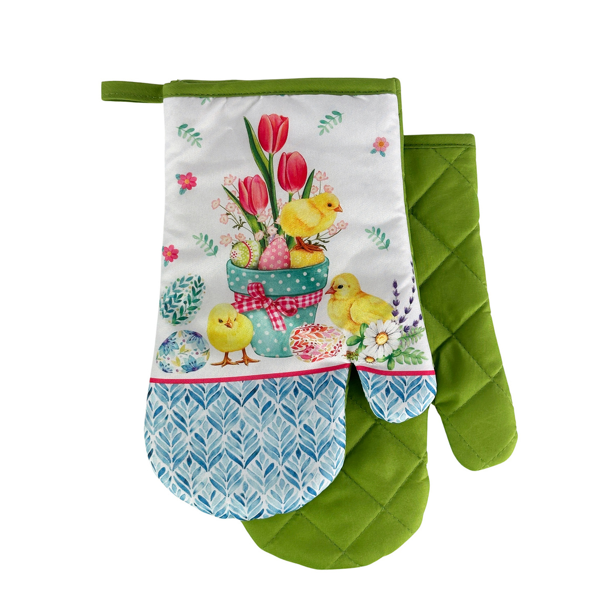 Sada 2 kuchyňských chňapek s magnetem EASTER CHICKS, bílo-zelená