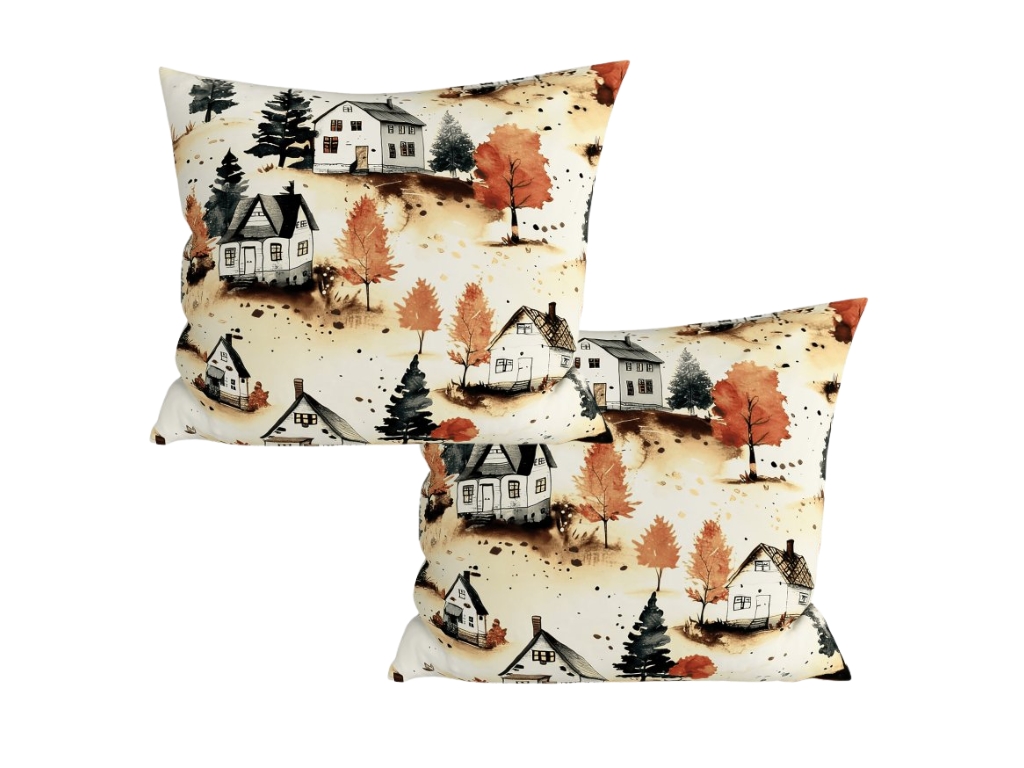 Sada 2 ks dekoračních povlaků na polštář AUTUMN VILLAGE 45x45 cm, barevná Rodinné balení s akční cenou