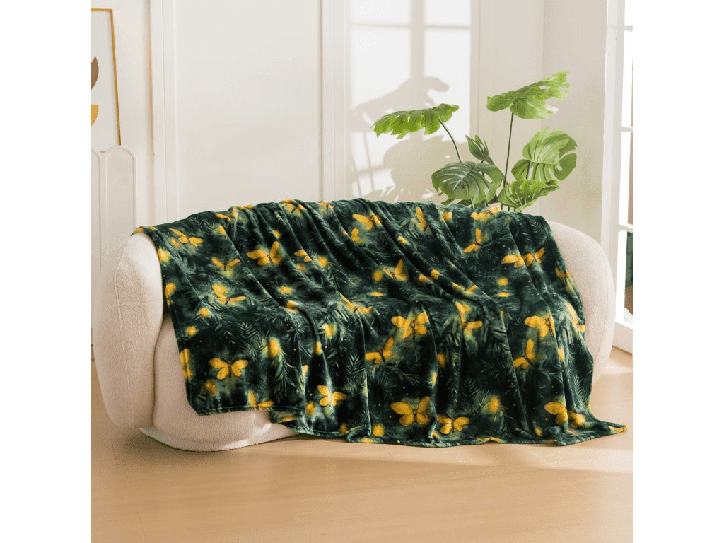 Mikroplyšová deka YELLOW BUTTERFLY, tmavě zelená Rozměr: 160 x 200 cm