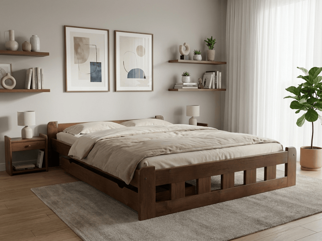 Postel Naomi zvýšená 140 x 200 cm, dub Rošt: S lamelovým roštem, Matrace: Matrace Deluxe 10 cm