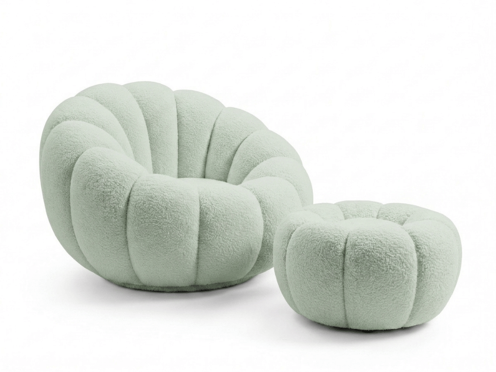 Otočné designové křeslo BLOOM s taburetem, světle zelená