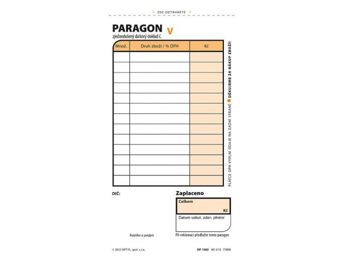 Obchodní paragon číslovaný samopropis 2x50 listů