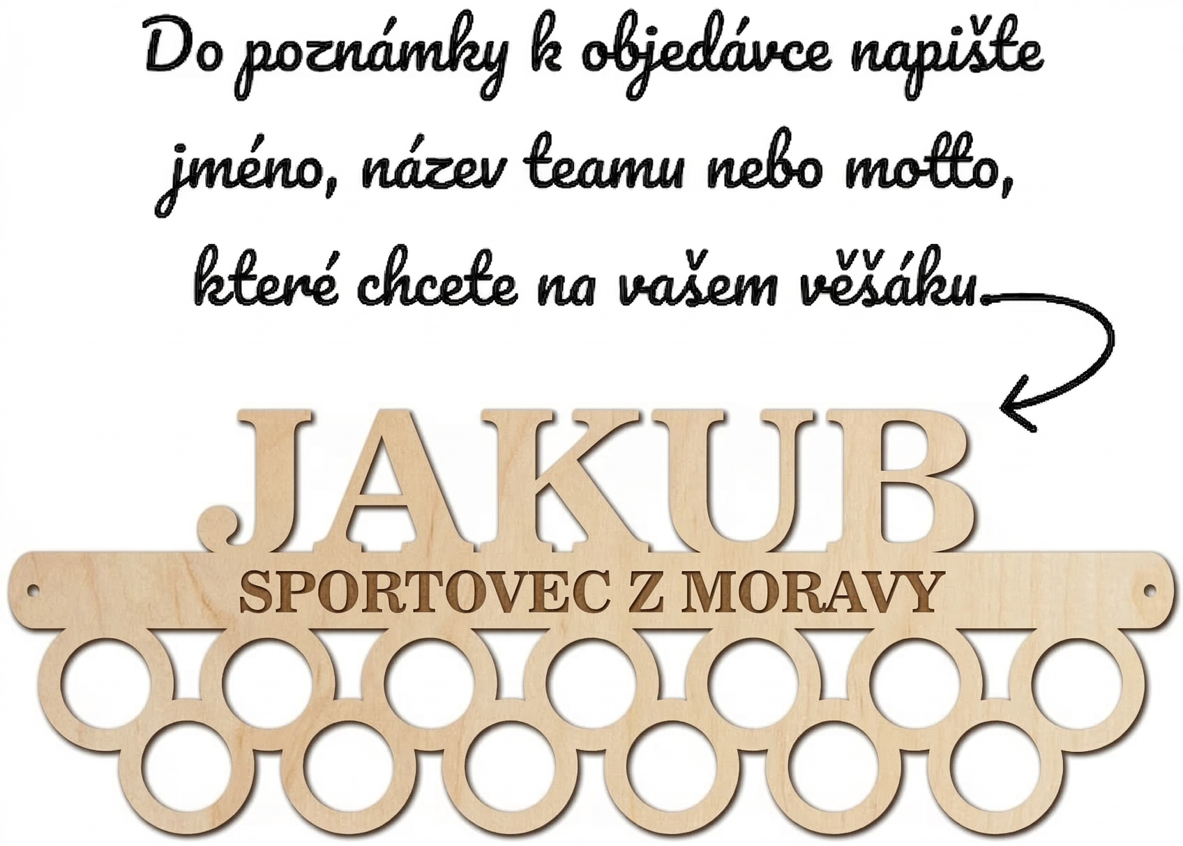 Dřevěný držák na medaile s vlastním jménem a mottem