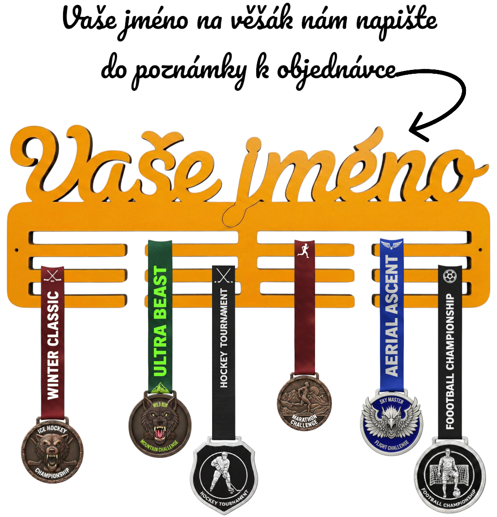 Oranžový držák na medaile s psacím písmem