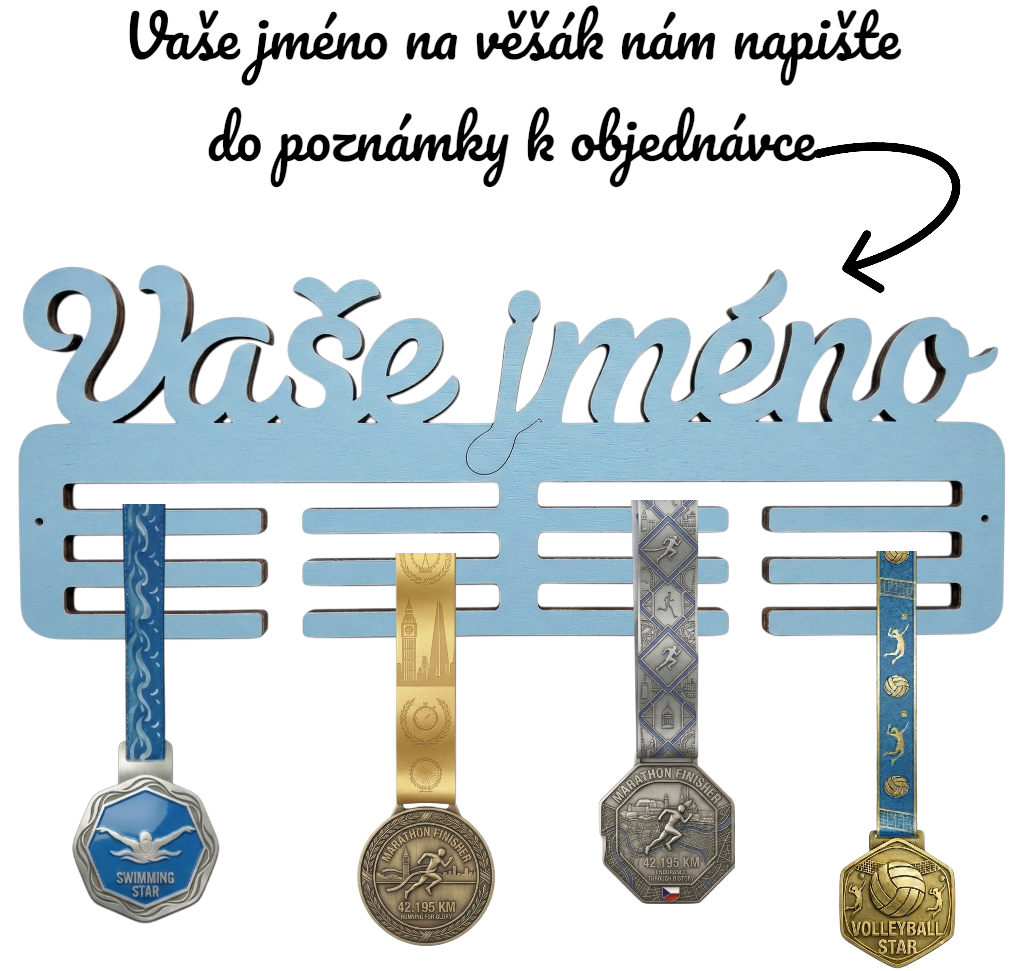 Světle modrý držák na medaile s psacím písmem