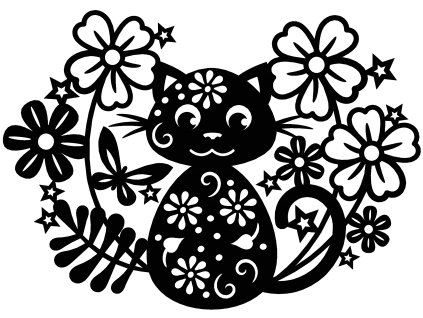 Dřevěná dekorace - kočka s květy, ČERNÁ