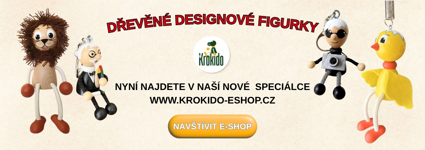 Značka krokido drevene figurky, klicenky a magnety - odkaz nový eshop