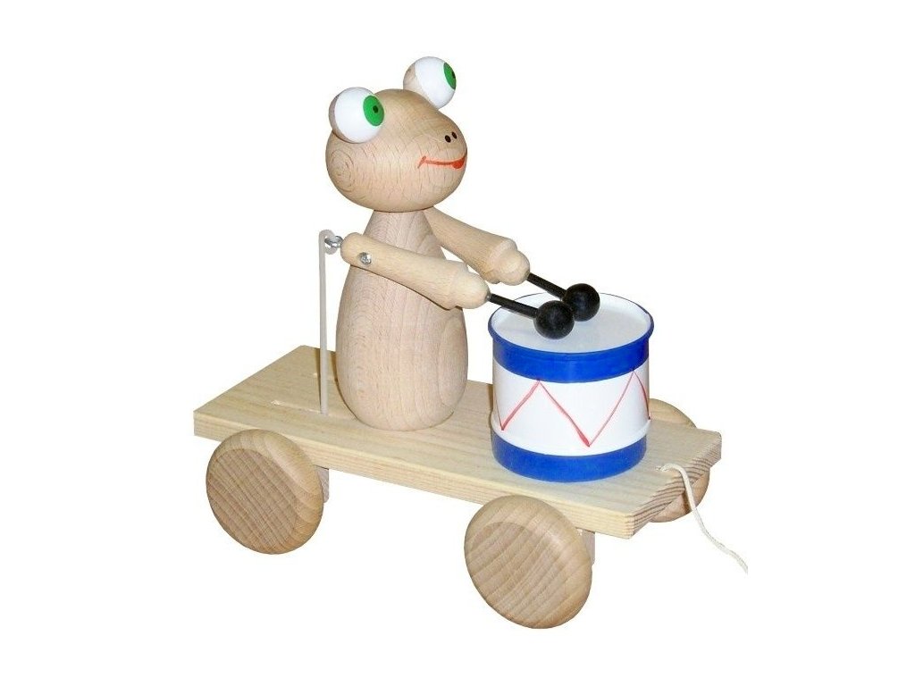 Tahací Žabka s bubnem hračka ze dřeva - natur