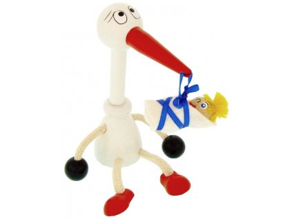 Sedací figurka hračka ze dřeva - Čáp s miminem