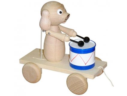 Tahací Pes s bubnem hračka ze dřeva - natur