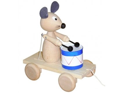 Tahací Myška s bubnem hračka ze dřeva - natur