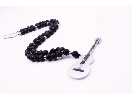 Růženec Vyrobeno s láskou - černý onyx a láva s přívěskem kytary z chirurgické oceli
