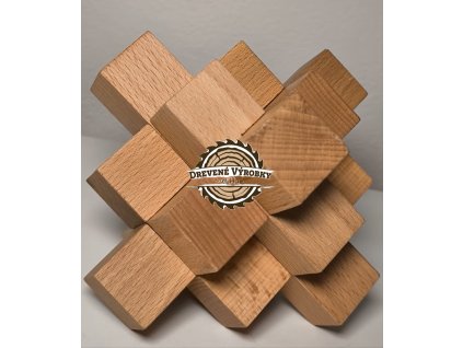 Drevený hlavolam z bukového dreva – 9 dielov, ručná výroba, prírodný olej, rozmer 150×150 mm, hmotnosť 0,5 kg.