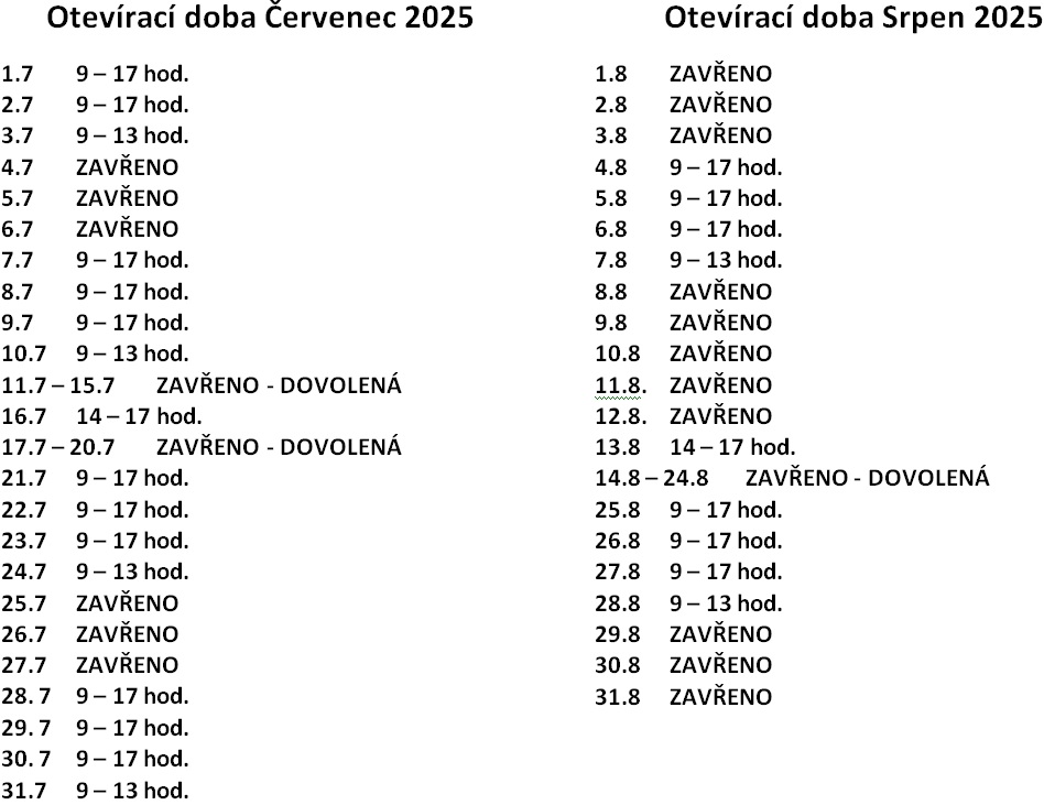 Otevírací doba Červen/Červenec
