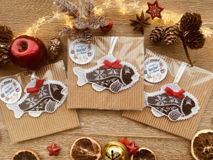 Vyšívaný krajkový perníček rybička-vánoční ozdoba