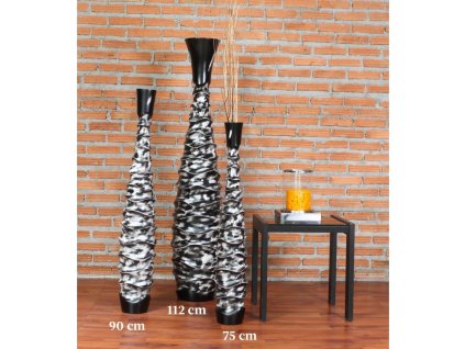 VYSOKÁ DŘEVĚNÁ DEKORATIVNÍ VÁZA ČERNOBÍLÁ