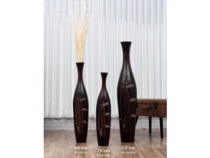 VYSOKÁ DŘEVĚNÁ DEKORATIVNÍ VÁZA HNĚDÁ ZDOBENÁ