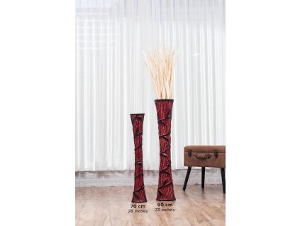 VYSOKÁ DŘEVĚNÁ DEKORATIVNÍ VÁZA ČERVENÁ VYŘEZÁVANÁ