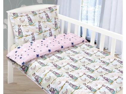 detske povleceni bavlna agata 1 strana sovicka na vetvi 2 strana modra hvezdicka 90x135 45x60 cm