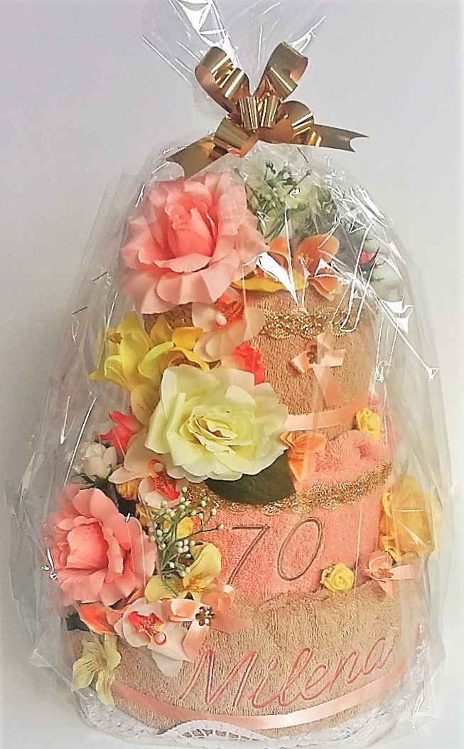 VER Textilní dort třípatrový-lososovo/béžový s vyšitými jmény