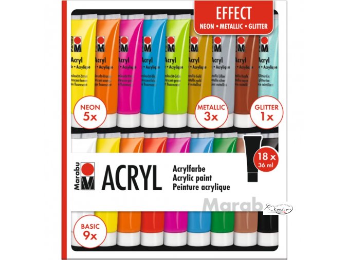 Akrylové barvy Marabu Effect 18 x 36 ml