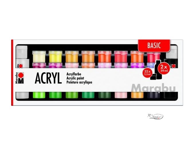 Akrylové barvy Marabu Basic 32 x 3,5 ml + 2 x 59 ml