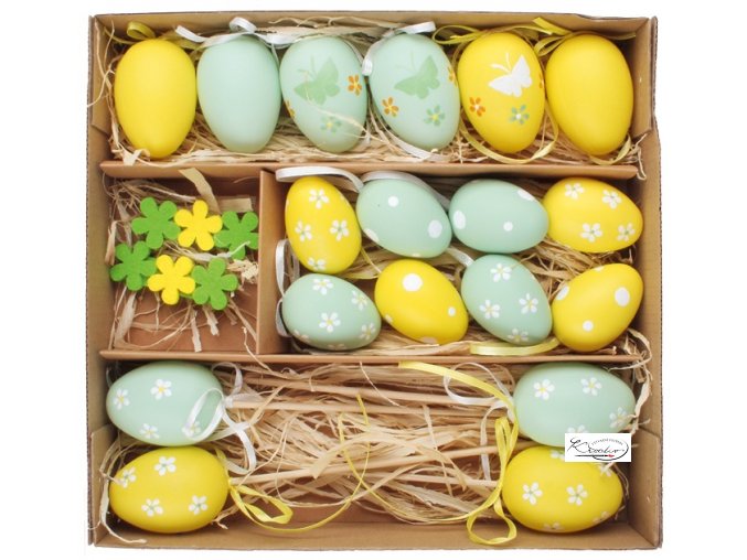 Velikonoční sada 24 ks - plastová vajíček mix velikostí, dekorace v krabičce