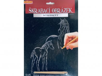 Škrabací obrázek stříbrný 20x25cm - Kůň a hříbě