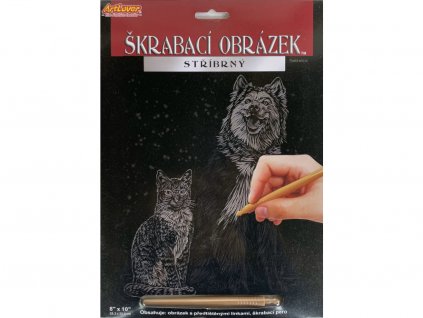 Vyškrabovací obrázek stříbrný 20x25 cm - Pes a kočka