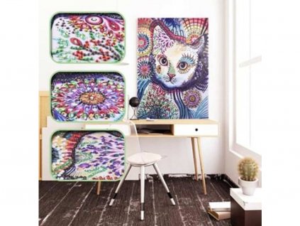 Diamantový obrázek mandala 7D - Bílá kočka 30x40cm