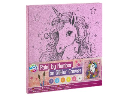Malování na růžové glitrové plátno podle čísel - Jednorožec
