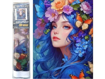 Diamantový obrázek - Žena s květinami a motýly ve vlasech 30x40 cm