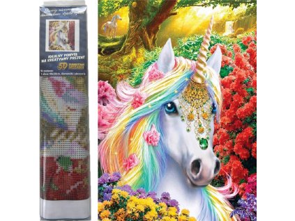 Diamantový obrázek - Jednorožec v květinách 30 x 40 cm