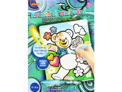 Magické malování vodou – znovupoužitelné vodní omalovánky pro děti. Po kontaktu s vodou se objeví barvy, po zaschnutí lze malovat znovu. Sada obsahuje obrázek 20×25 cm a vodní pero-medvidek