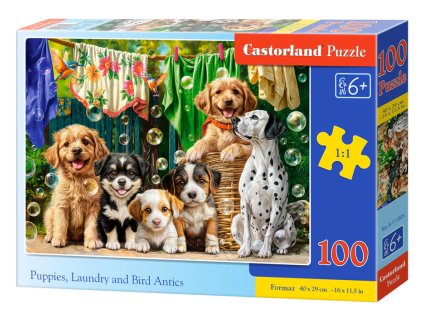 Puzzle Castorland 100 dílků -  Puppies, Laundry and Bird Antics