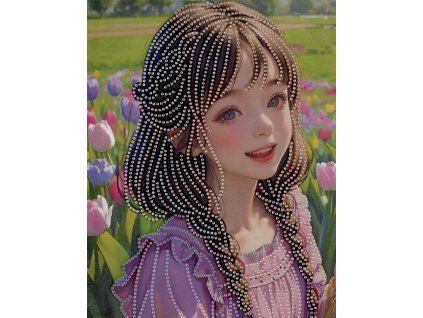 Diamantový obrázek na plátně 23 x 30 cm - Brunetka v záhoně tulipánů