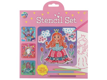 Sada šablon, 4ks, pastelky - princezna, jednorožec, mořská panna, zámek